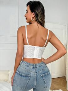 網眼刺繡前打結頭巾下擺吊帶上衣 - 白色 - 查看 2