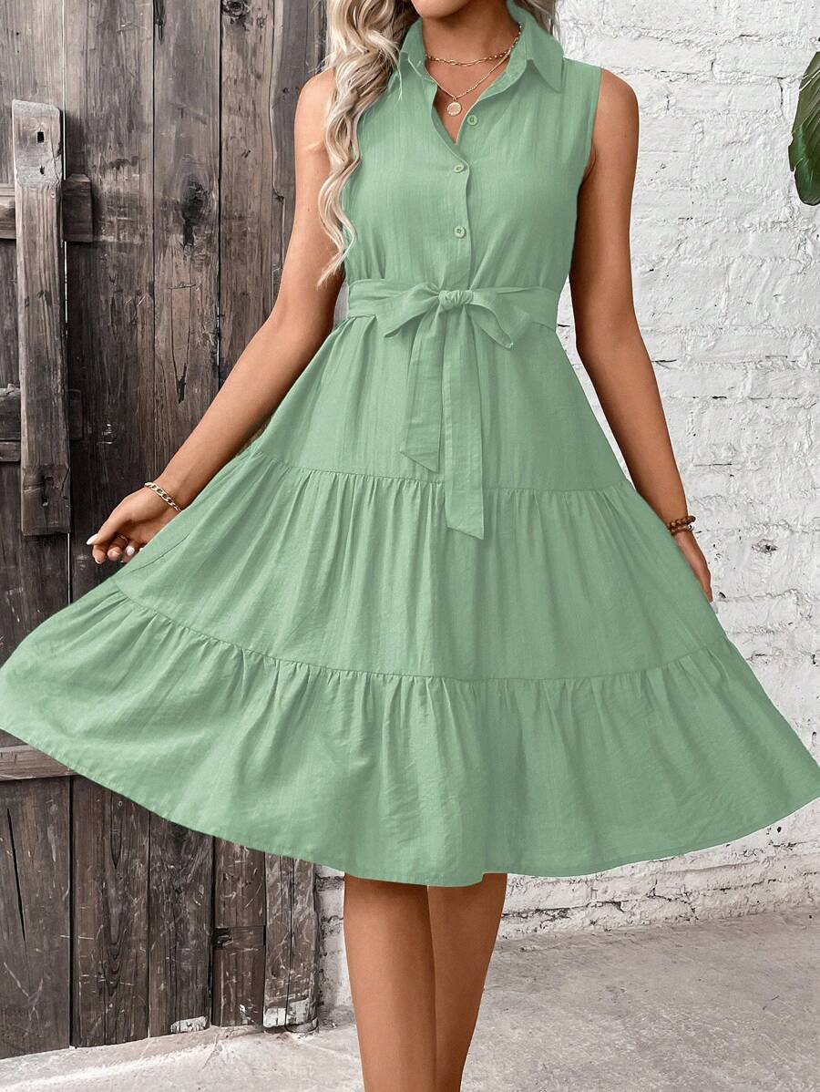 SHEIN VCAY Xù Hoa Sen Thắt lưng Váy sơ mi - màu xanh lá - Xem 1