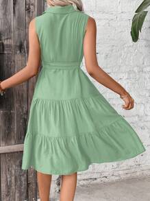 SHEIN VCAY Xù Hoa Sen Thắt lưng Váy sơ mi - màu xanh lá - Xem 2