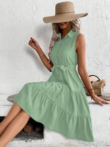 SHEIN VCAY Xù Hoa Sen Thắt lưng Váy sơ mi - màu xanh lá - Xem 3