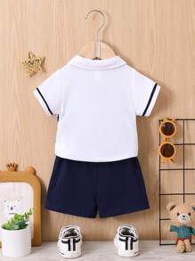 Đứa bé trai In sọc Nơ mặt trước Tee 2 trong1 & Quần short - Xanh và trắng - Xem 2