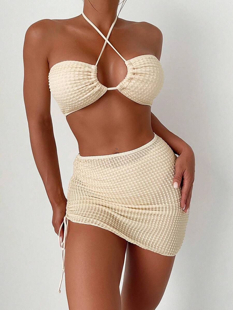 Swim Basics Bộ Bikini Nữ Lộ Lưng Hội Chữ thập Dây kéo màu trơn - Màu be - Xem 1