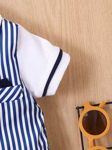 Đứa bé trai In sọc Nơ mặt trước Tee 2 trong1 & Quần short - Xanh và trắng - Xem 6