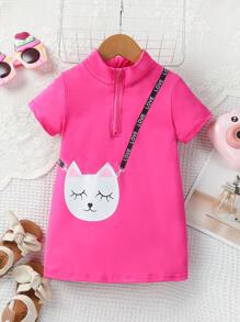 Baby Girl Cartoon Graphic Zip Half Placket Tee Dress - Hot Pink - View 1