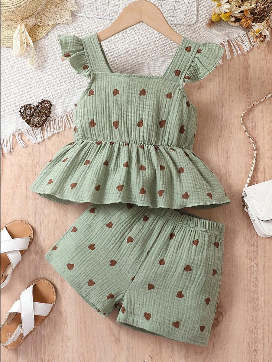 SHEIN Young Girl Heart Print Ruffle Trim Peplum Top & Shorts - Army Green - View 1