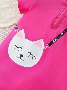 Baby Girl Cartoon Graphic Zip Half Placket Tee Dress - Hot Pink - View 3