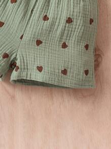 SHEIN Young Girl Heart Print Ruffle Trim Peplum Top & Shorts - Army Green - View 5