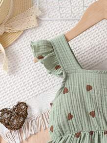 SHEIN Young Girl Heart Print Ruffle Trim Peplum Top & Shorts - Army Green - View 6