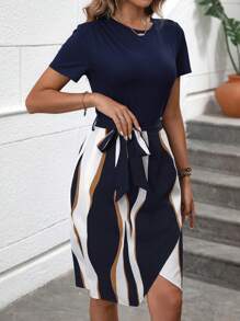 SHEIN LUNE Vestido con cinturón de color combinado bajo tulipán - Azul y blanco - Ver 4