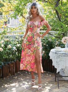 Breezaya 印花一字肩前打結高衩連衣裙 - 粉色 - 查看 5