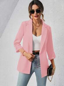 SHEIN Privé Lapel Neck Roll Up Sleeve Open Front Blazer - Pink - View 4