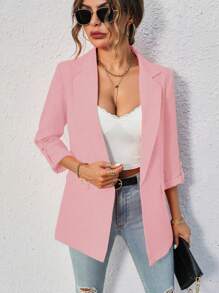 SHEIN Privé Lapel Neck Roll Up Sleeve Open Front Blazer - Pink - View 5