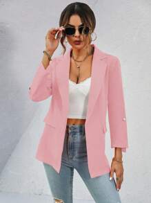 SHEIN Privé Lapel Neck Roll Up Sleeve Open Front Blazer - Pink - View 6