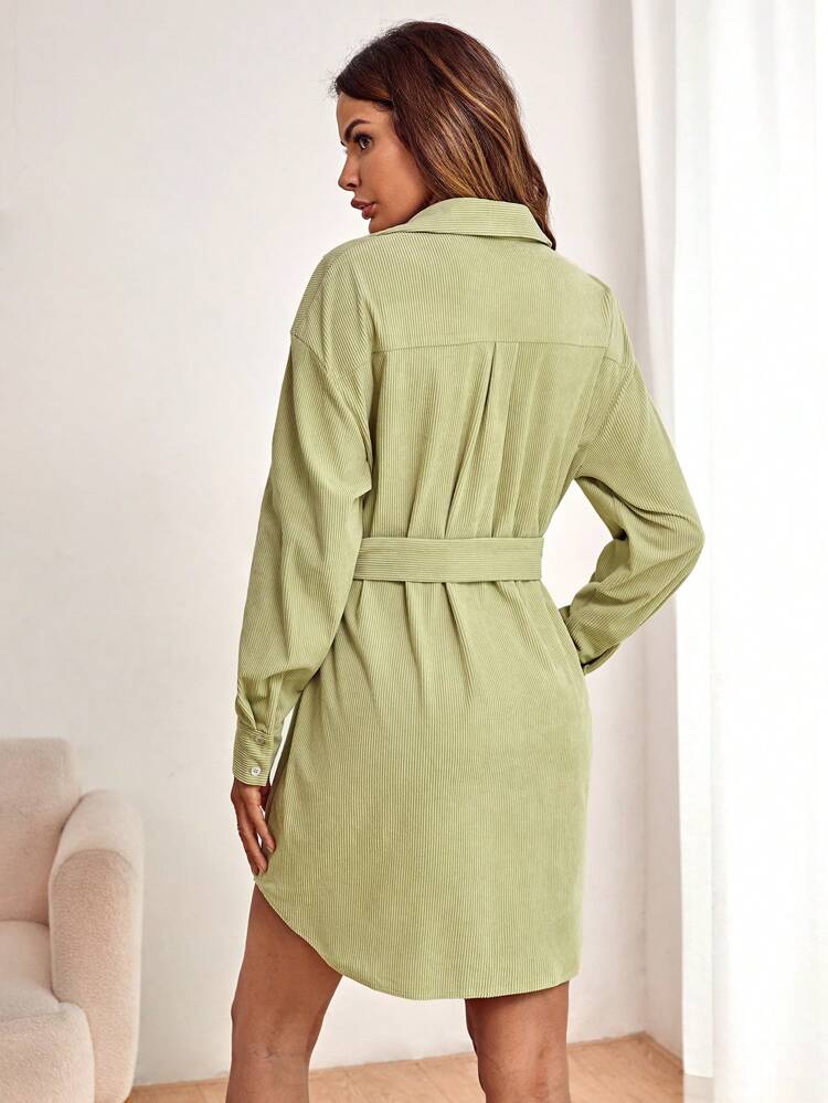 Drop Shoulder Belted Corduroy Shirt Dress