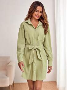 SHEIN LUNE Drop Shoulder Belted Corduroy Shirt Dress