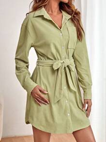 SHEIN LUNE Drop Shoulder Belted Corduroy Shirt Dress