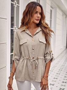 SHEIN LUNE 翻蓋細節腰部抽繩捲邊袖外套 - 杏色 - 查看 4