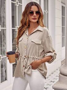 SHEIN LUNE 翻蓋細節腰部抽繩捲邊袖外套 - 杏色 - 查看 6