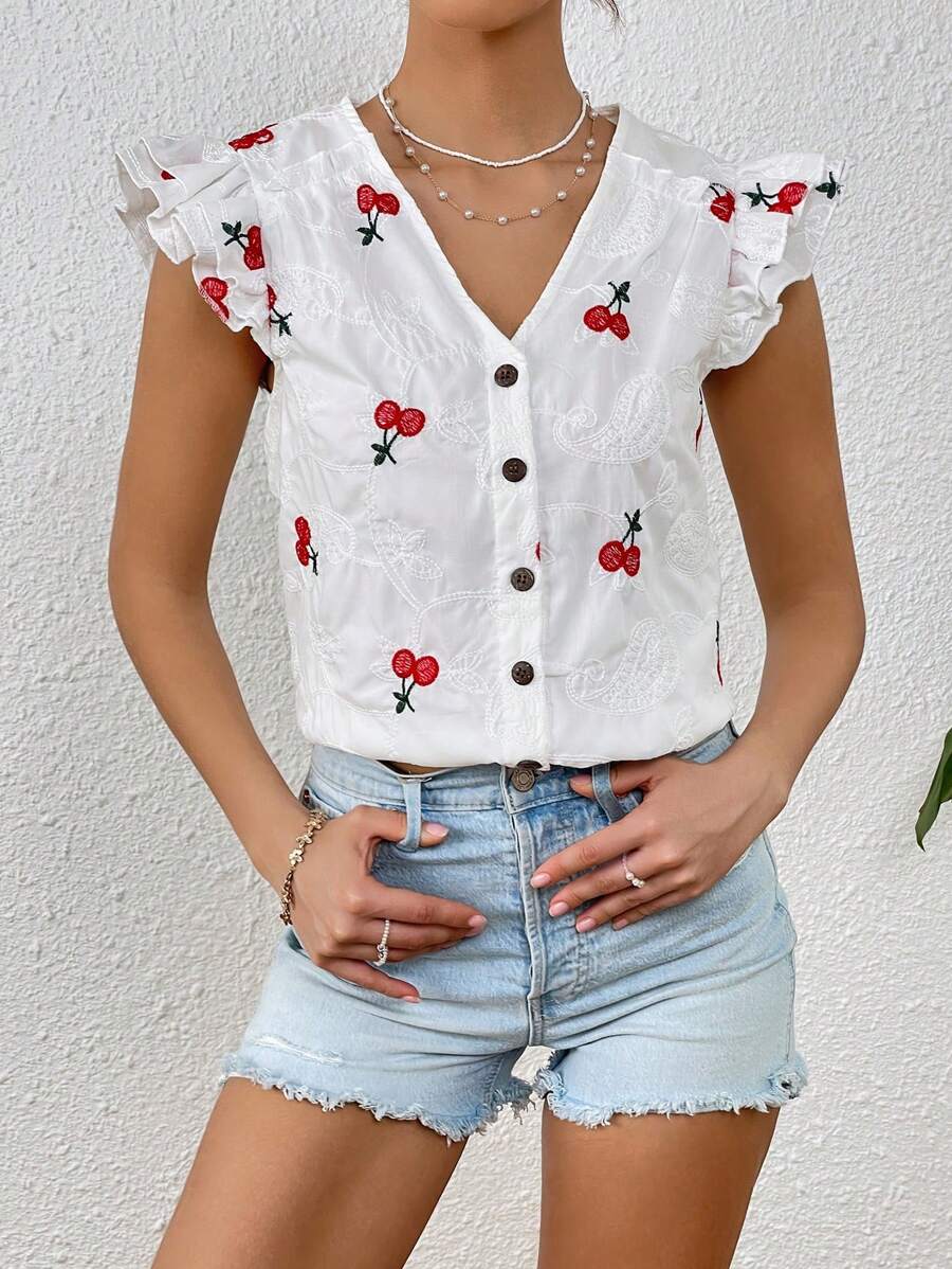 SHEIN VCAY Cherry Embroidery Ruffle Trim Blouse - White - View 1