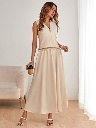 SHEIN LUNE Solid Zip Up Sleeveless Top & Flare Skirt