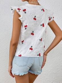 SHEIN VCAY Cherry Embroidery Ruffle Trim Blouse - White - View 2
