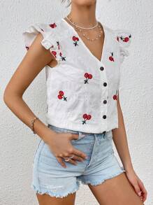 SHEIN VCAY Cherry Embroidery Ruffle Trim Blouse - White - View 4