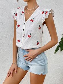 SHEIN VCAY Cherry Embroidery Ruffle Trim Blouse - White - View 5