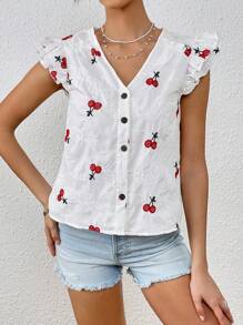 SHEIN VCAY Cherry Embroidery Ruffle Trim Blouse - White - View 6
