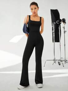 SHEIN EZwear Solid Flare Leg Jumpsuit - Black - View 3