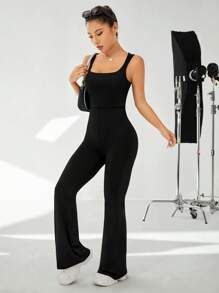 SHEIN EZwear Solid Flare Leg Jumpsuit - Black - View 5