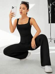 SHEIN EZwear Solid Flare Leg Jumpsuit - Black - View 7