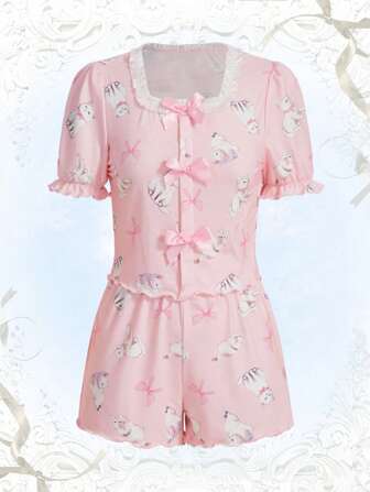 Kawaii Cartoon Graphic Bow Decor PJ Set