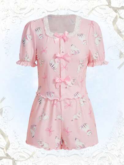 Kawaii Cartoon Graphic Bow Decor PJ Set