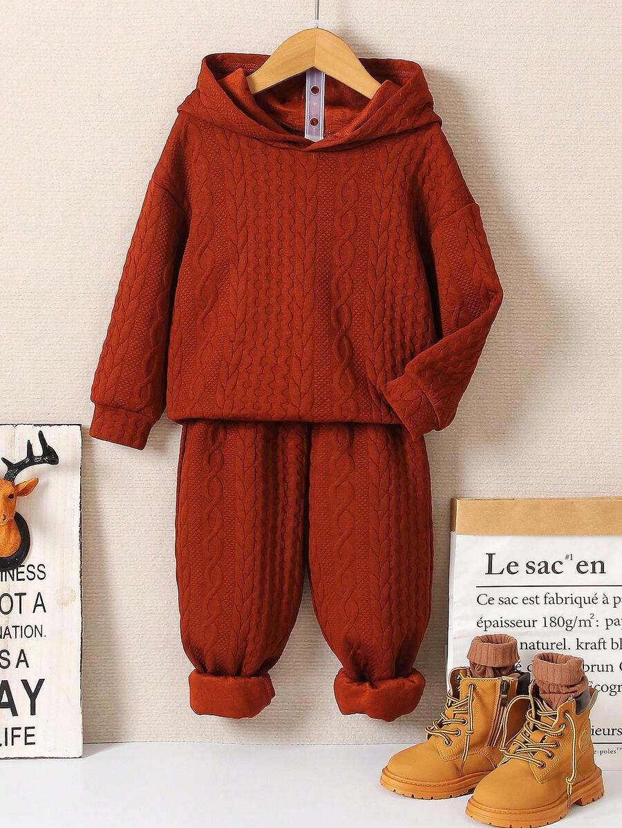 SHEIN Young Boy Solid Hoodie & Trousers - Rust Brown - View 1
