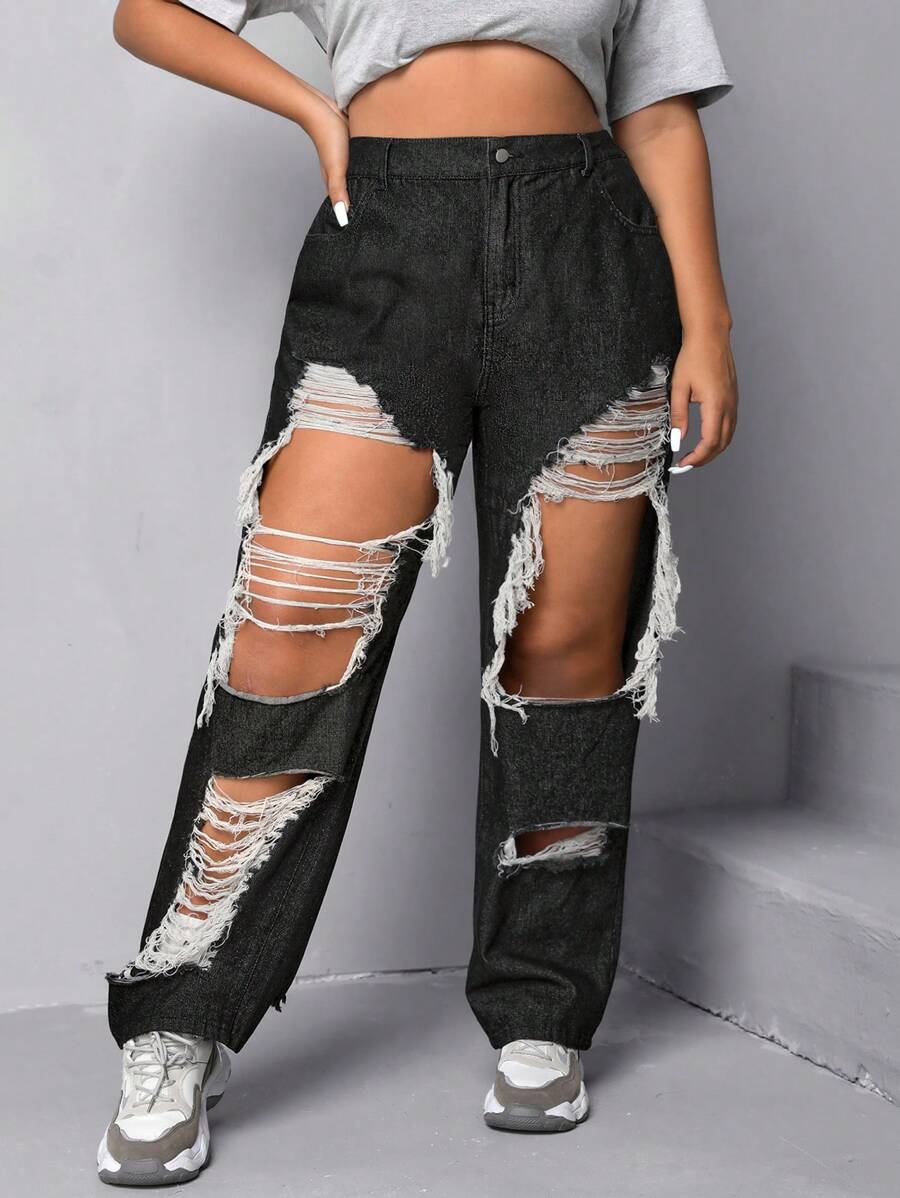 SHEIN EZwear 大碼破洞直筒牛仔褲 - 黑色 - 查看 1