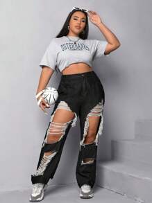 SHEIN EZwear 大碼破洞直筒牛仔褲 - 黑色 - 查看 4