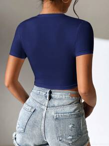 SHEIN PETITE Solid Scoop Neck Crop Tee - Blue - View 2