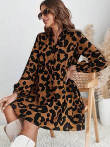 SHEIN Clasi 豹紋印花燈籠袖洋裝 - 棕色 - 查看 1