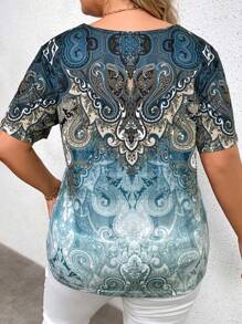 SHEIN LUNE Plus Paisley Print Notched Neck Tee - Multicolor - View 2