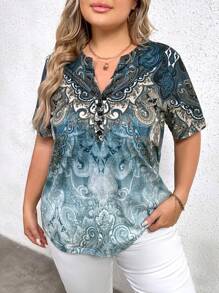 SHEIN LUNE Plus Paisley Print Notched Neck Tee - Multicolor - View 5