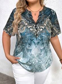 SHEIN LUNE Plus Paisley Print Notched Neck Tee - Multicolor - View 6
