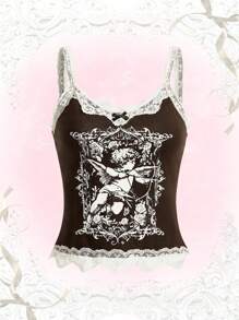 ROMWE Cupid Print Contrast Lace Cami Top - Chocolate Brown - View 1