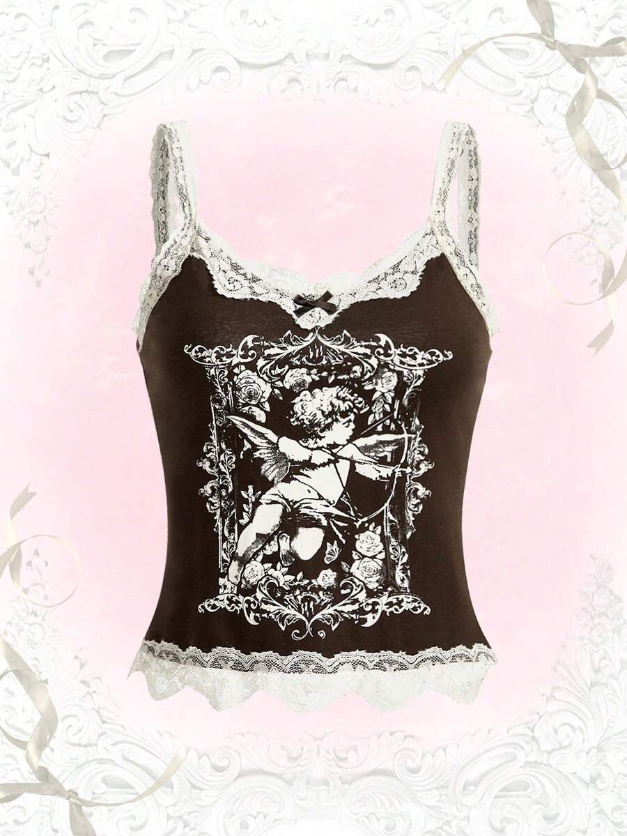 ROMWE Cupid Print Contrast Lace Cami Top - Chocolate Brown - View 1