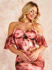 SHEIN BAE 紮染褶邊緊身上衣頭巾下擺短款襯衫 - 彩色 - 查看 1