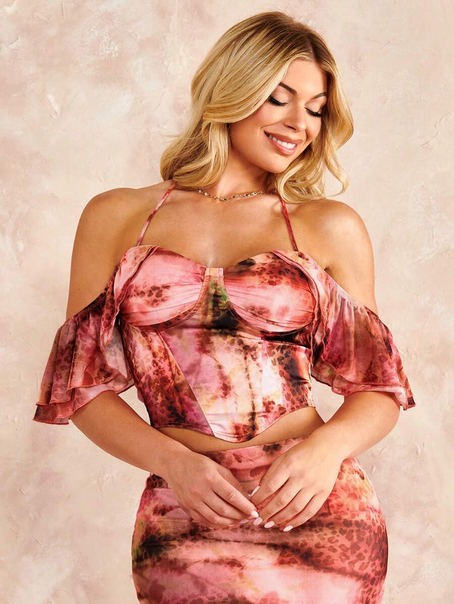 SHEIN BAE 紮染褶邊緊身上衣頭巾下擺短款襯衫 - 彩色 - 查看 1