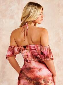 SHEIN BAE 紮染褶邊緊身上衣頭巾下擺短款襯衫 - 彩色 - 查看 2