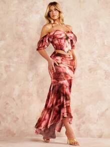 SHEIN BAE 紮染褶邊緊身上衣頭巾下擺短款襯衫 - 彩色 - 查看 6