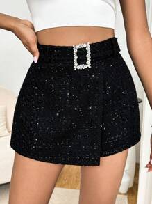 SHEIN Privé Rhinestone Buckle Belted Sequin Skort - Black - View 1