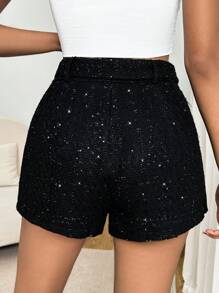 SHEIN Privé Rhinestone Buckle Belted Sequin Skort - Black - View 2