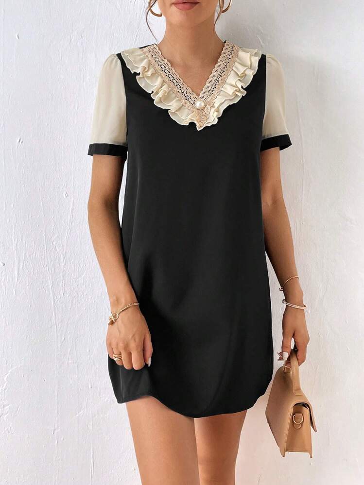 SHEIN Privé Colorblock Ruffle Trim Contrast Lace Tunic Dress - Black - View 1